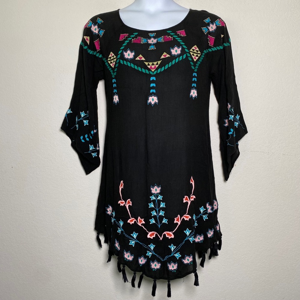 Sundance Embroidered Boho Tunic Dress Tassel Hem Festive Western M Art Coachella